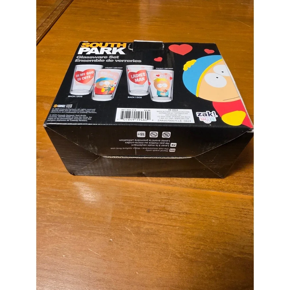 South Park Zak! Glassware Set 2pk 16oz Cartman Butters Valentine Hearts New